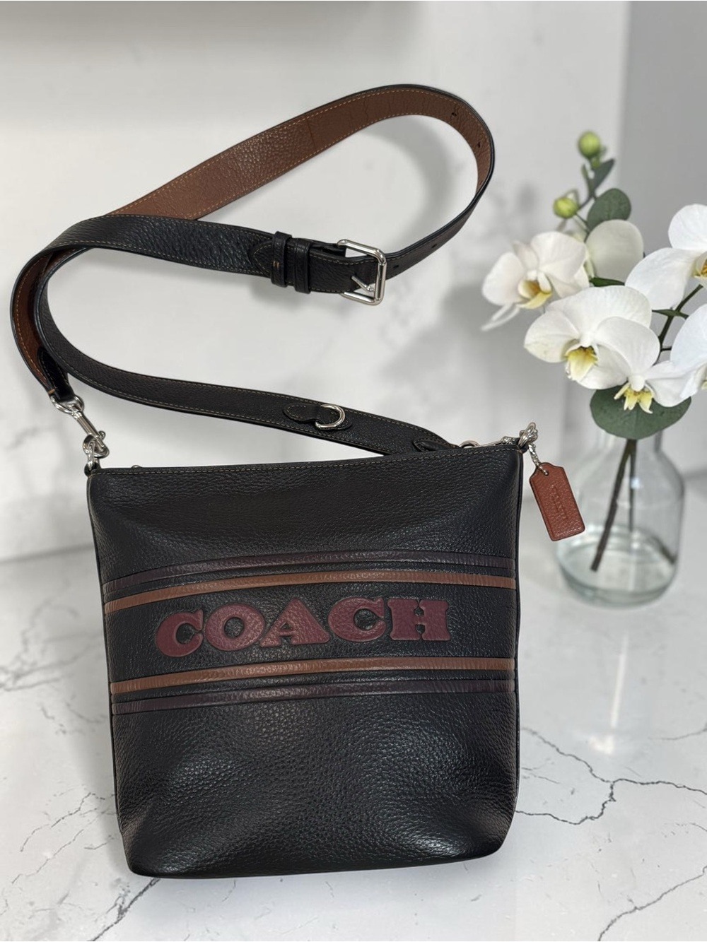 Coach Logan Black and Brown Pebbled Leather Tote NWOT